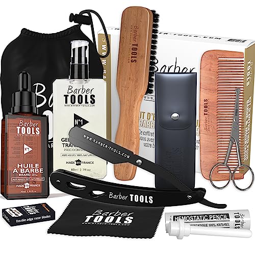 Bartpflegeset: Bartöl, transparentes Rasiergel, Rasiermesser mit Kohlschere, Bartbürste, Bartkamm, Schere, Aufbewahrungstasche
