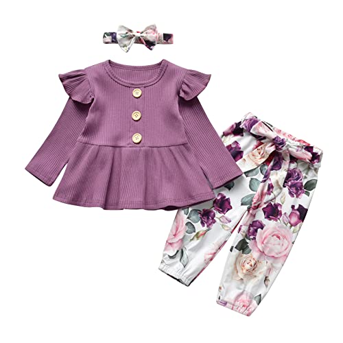 Fupality Baby Mädchen Kleidung Langarm Rüschen Top + Blumenhose + Schleife Stirnband 3-teiliges Outfit Set Lila (12-18 Monate)