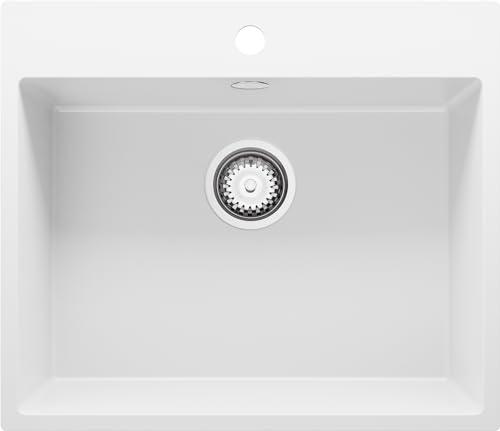 Spülbecken Weiß 58x50 cm, Granitspüle 1 Becken + Ablauf-Set, Küchenspüle ab 60er Unterschrank, Einbauspüle von Primagran