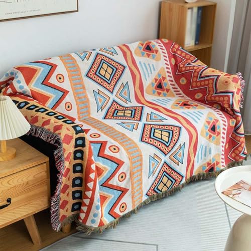 HMGAQNP Familien-Sofa-Dekorationsdecke, gestrickte Decke aus Baumwolle mit Quasten Bohemian-Büro-Schal Mittagspausen-Decke für Zuhause Bettdekoration(B,70.8 * 133.8in)