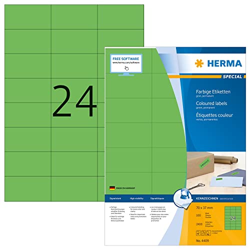 HERMA 4409 Farbige Etiketten DIN A4 (70 x 37 mm, 100 Blatt, Papier, matt) selbstklebend, bedruckbar, permanent haftende Farbetiketten, 2.400 Klebeetiketten, grün