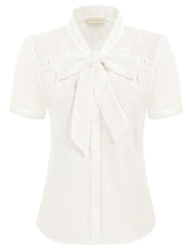 Damen T-Shirt Kurzarm Bluse mit Schleife Oberteile Elegant Stehkragen Blusenshirt Tops Weiß L