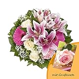 Dominik Blumen und Pflanzen, Blumenstrauß "Laura" mit rosa Lilien, Rosen und Gerbera und Grußkarte "Rosen"