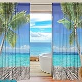 Sheer Voile Fenster Vorhang Tropische Palme Meer Bedrucktes Weiches Material für Schlafzimmer Wohnzimmer Küche Decor Home Tür Dekoration 2 Felder 198,1 x 139,7 cm