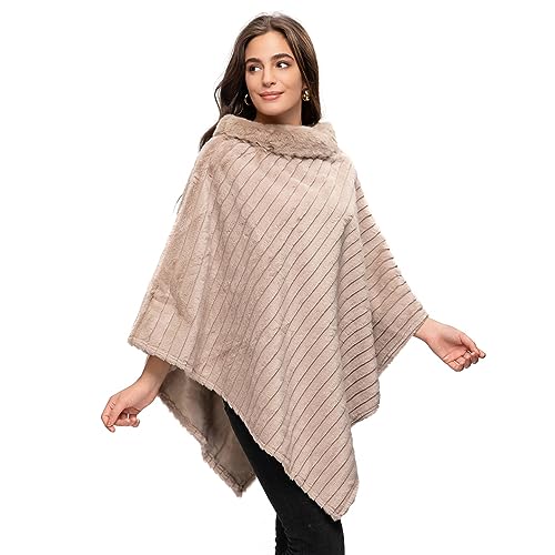 Gloop Damen Elegante Winter Kunst Pelz Poncho Rundhals Jacke Dicker Poncho Warm aus Gestricktem Pelz (Sand)