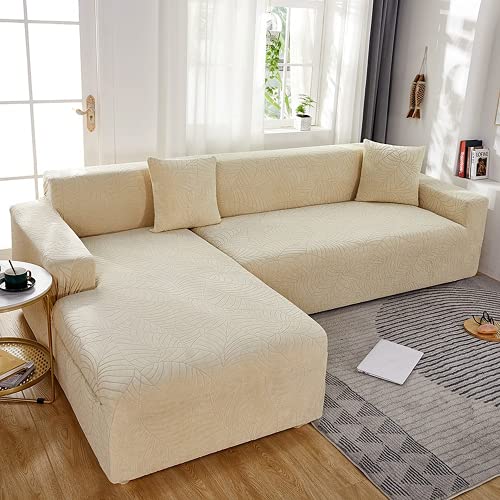 OKJK Sofabezug wasserdicht, Couch überzug l Form, Jacquard Stretch sofaüberwurf, All-Inclusive, rutschfest, Schutzbezug für das Wohnzimmer Liege Sofa (Beige,2 Seater and 2 Seater)