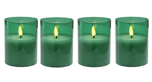 Hochwertige LED Adventskerzen im Glas - 4er Kerzenset / Sparset - Timer - Realistisch Flackernd - Kerze Weihnachten / Weihnachtskerzen / Adventskranz (Grün, Klein - Höhe 10cm / Ø 7,5cm)