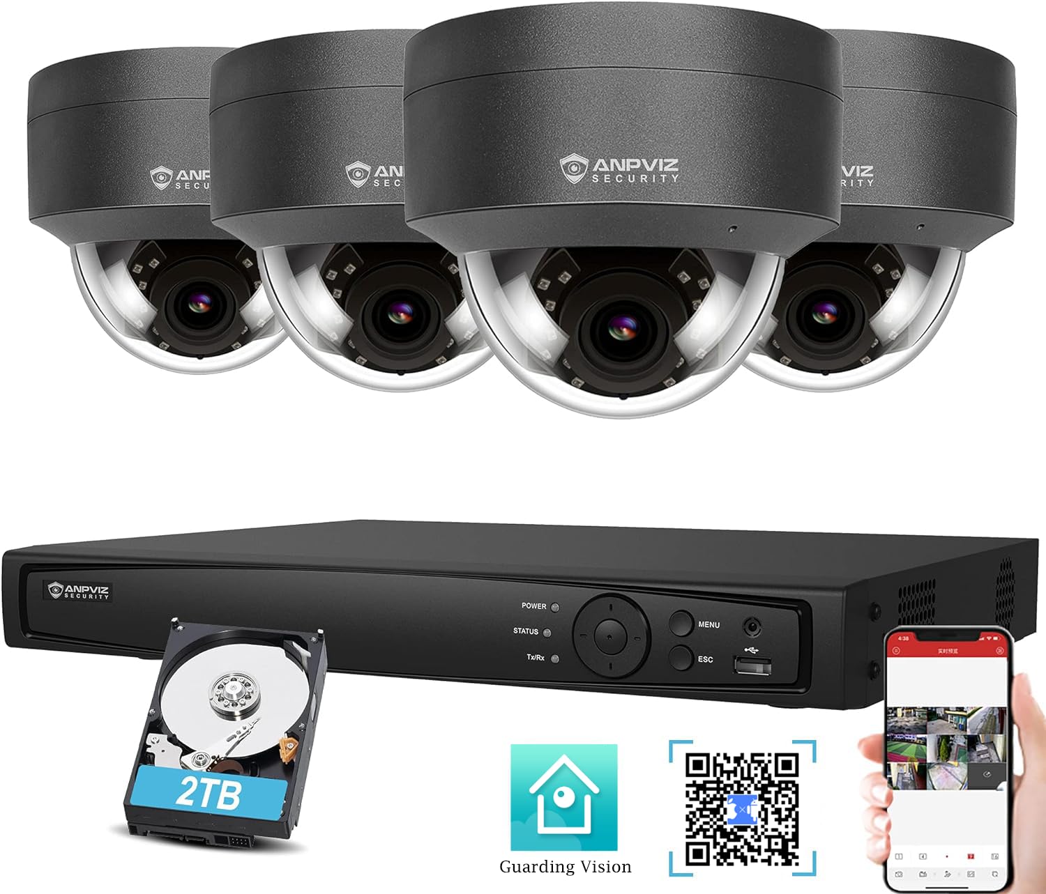 Anpviz 8CH Überwachungskamera Set, 4K NVR 5MP PoE Kamera Set mit 2TB HDD, 4X 5MP Überwachungskamera IP PoE Kamera System, 24/7 Aufnahme Innen Outdoor, IR Nachtsicht, IP66, Bewegungserkennung(HK Serie)
