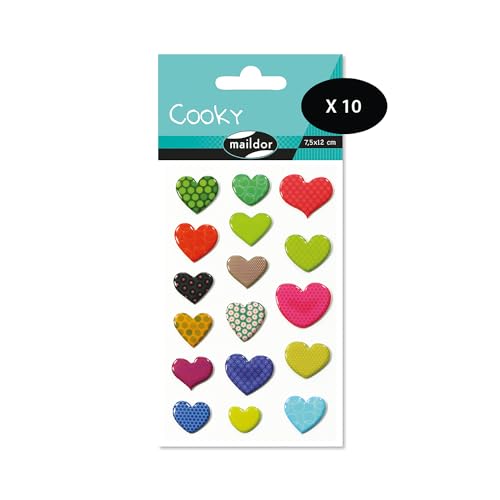 Maildor CY001Opack – eine Packung mit 3D-Aufklebern Cooky, 1 Bogen 7,5 x 12 cm, Motiv Herzen (17 Aufkleber), 10 Stück