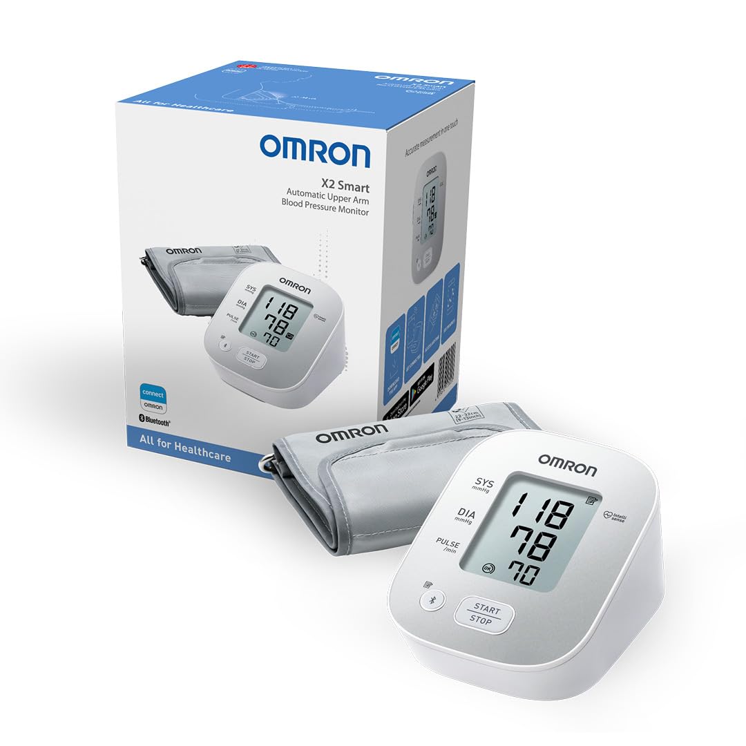 OMRON X2 Smart – Automatisches, klinisch validiertes Oberarm-Blutdruckmessgerät mit Bluetooth und kostenloser Smartphone-App; erkennt unregelmässige Herzschläge; mit Manschettensitzkontrolle