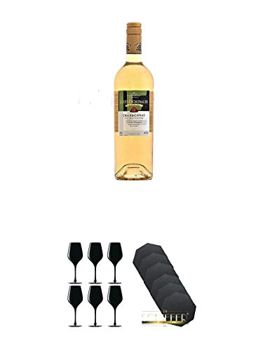 Louis Eschenauer Chardonnay Vin de Pays d'Oc Frankreich 6 x 0,75 Liter + Blind Tastinglas für Wein Exquisit 6 Gläser - 1477402 + Schiefer Glasuntersetzer achteckig 6 x ca. 9,5 cm Durchmesser