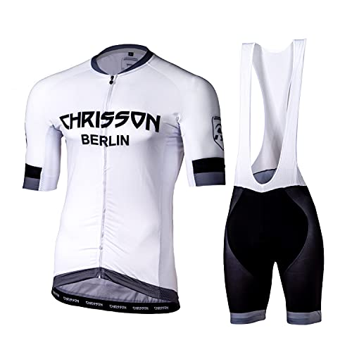 CHRISSON Essential Black-White Line Grau 3XL Fahrradtrikot Set - Herren Kurzarm Trikot und Kurze Trägerhose mit Gel Sitzpolster, Atmungsaktive und Schnelltrocknende Fahrradbekleidung