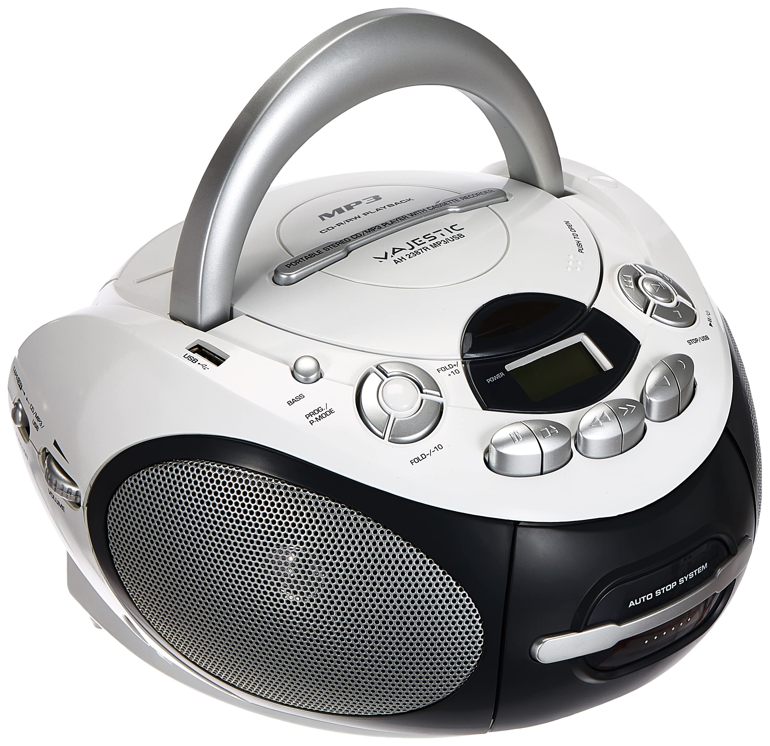 Majestic AH 2387R MP3 USB - Tragbare Boombox mit CD/MP3-Player, USB-Eingang, Kassettenrekorder, Kopfhöreranschluss, Weiß