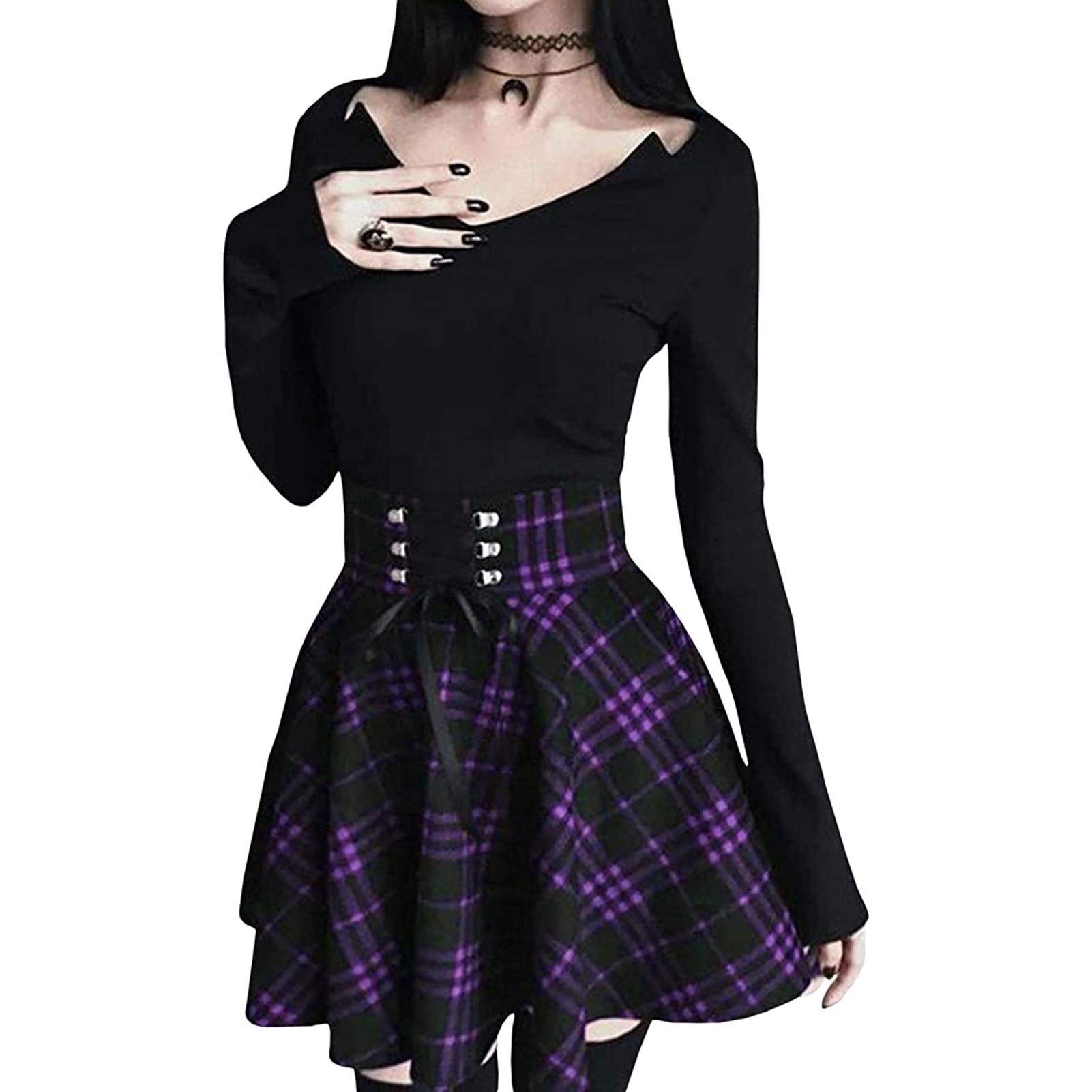 Elastische Plissierte Karierte Röcke für Frauen Schulmädchen Mini-A-Linie Rock Cosplay-Kostüme (Color : Purple, Size : 3XL)