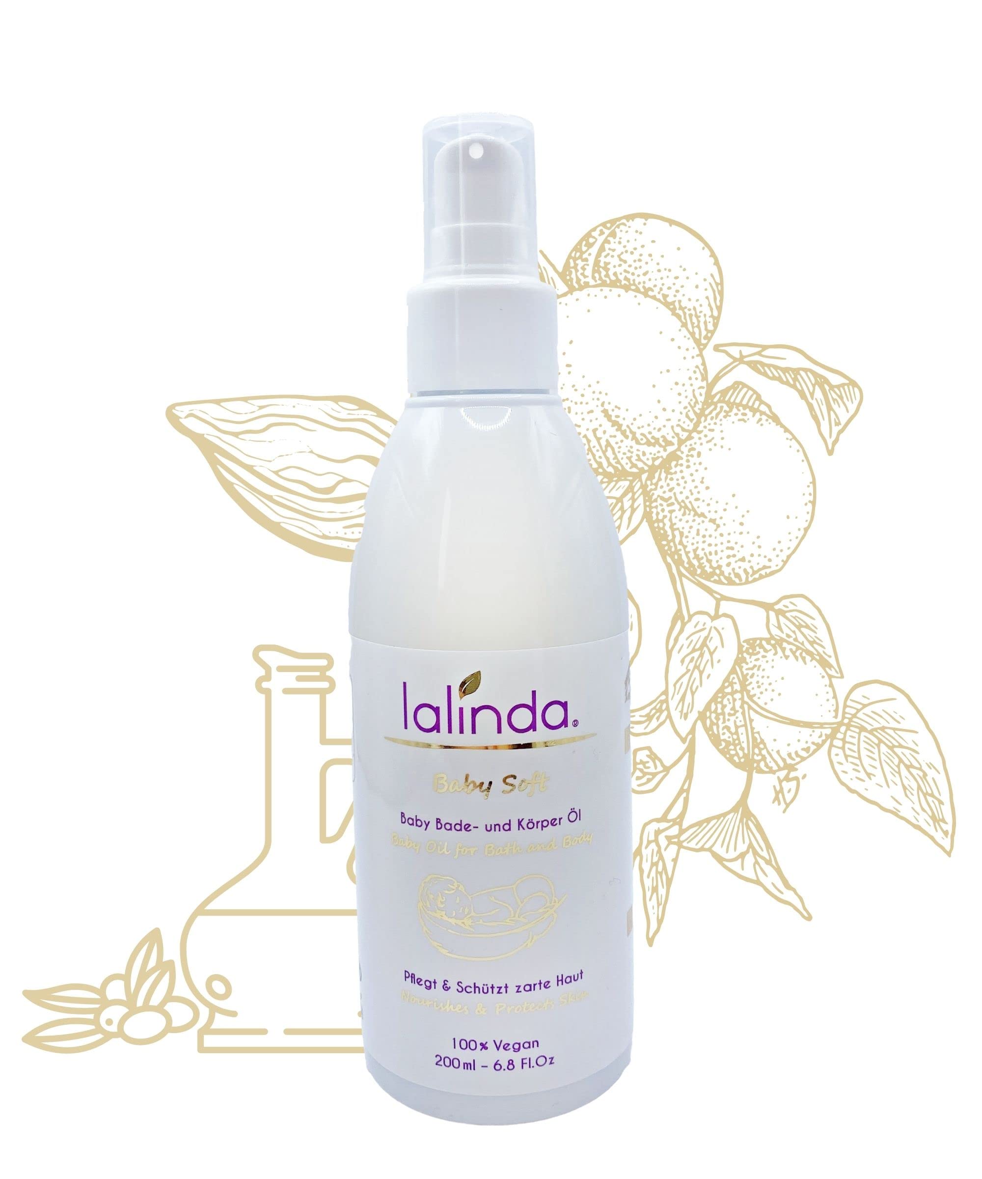 lalinda - Baby Bade- und Körperöl - für sanfte Reinigung und Body-Massage von sensitiver Babyhaut, 100% Naturöle, Vegan, OHNE Duft, in RECYCLING Pump-Flasche 200 ml