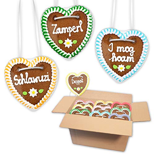 10x Lebkuchen Herzen Mischkarton - Lustige & Freche Bayrische Sprüche 10cm - Frisch & Saftig! Lebkuchenherz Bayerische Motto Party LEBKUCHEN WELT