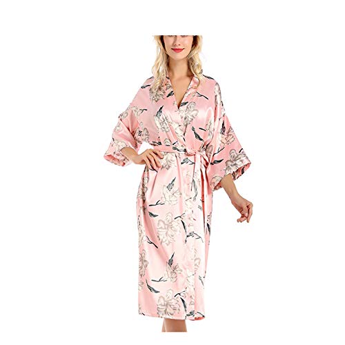 Damen-Dressingkleid, V-ausschnitt sexy gedruckt Kimono-Robe-Pyjama-Kleid Damen Seide Dessous Bademantel Housecoat Nightgown Pink-S