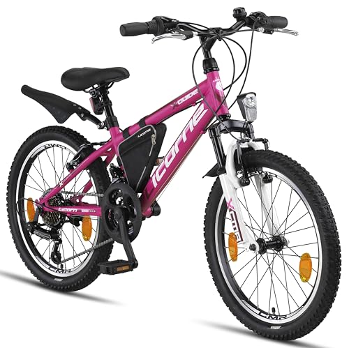 Licorne Bike Guide Premium Mountainbike in 20 Zoll - Fahrrad für Mädchen, Jungen, Herren und Damen - 18 Gang-Schaltung - Rosa/Weis
