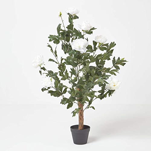 Homescapes Kunstblume, künstlicher Pfingstrosen-Strauch im Topf, Indoor-Pflanze, Creme-weiße Päonie, 100 cm hoch