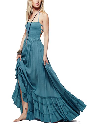 HorBous Womens Sexy ärmelloses langes Strandkleid Boho langes trägerloses Kleid Baumwolle ,Blau,XL