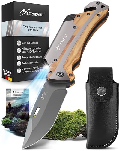 BERGKVIST® K30 5-in-1 PRO Klappmesser (Zweihandmesser) - Outdoor Messer mit Glasbrecher, Gurtschneider, Feuerstarter & Taschenlampe - Mitführen in Deutschland erlaubt