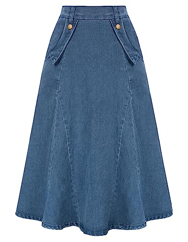 Damen Rock Jeansrock Midi A-Linie Hohe Taille Skirt mit Taschen Vintage Elegant Hellblau L