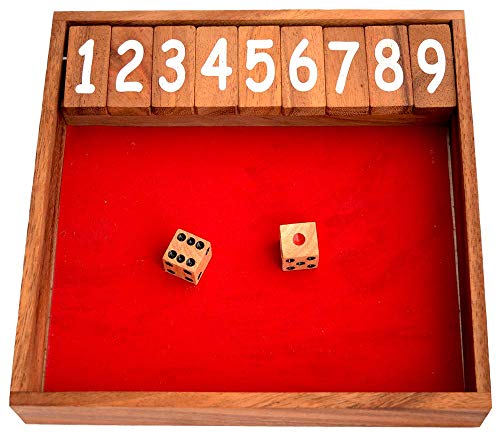 Shut The Box 9 medium rotes Klappenspiel als Holzbox mit 9 Klappen Knobelholz Würfelspiel Gruppenspiel Knobelholz Rechenspiel für Kinder, Trinkspiel für Bar