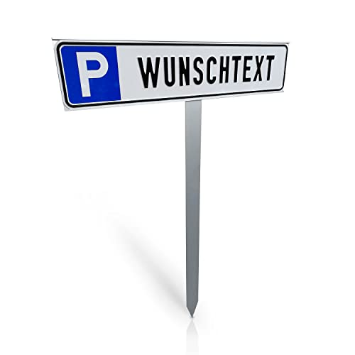 Betriebsausstattung24® Individuelles Parkplatzschild mit Einschlagpfosten | Parkplatzkennzeichnung mit Wunschtext | Pfosten zum Einbetonieren | Aluminium | 52x11 cm