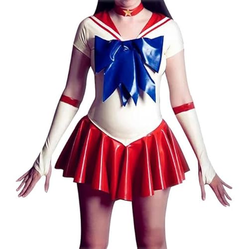 Latex Uniform Bodysuits Dresses Long Gloves Bows Trims Decorations Playsuit Bodycon-red with white blue-female XXL