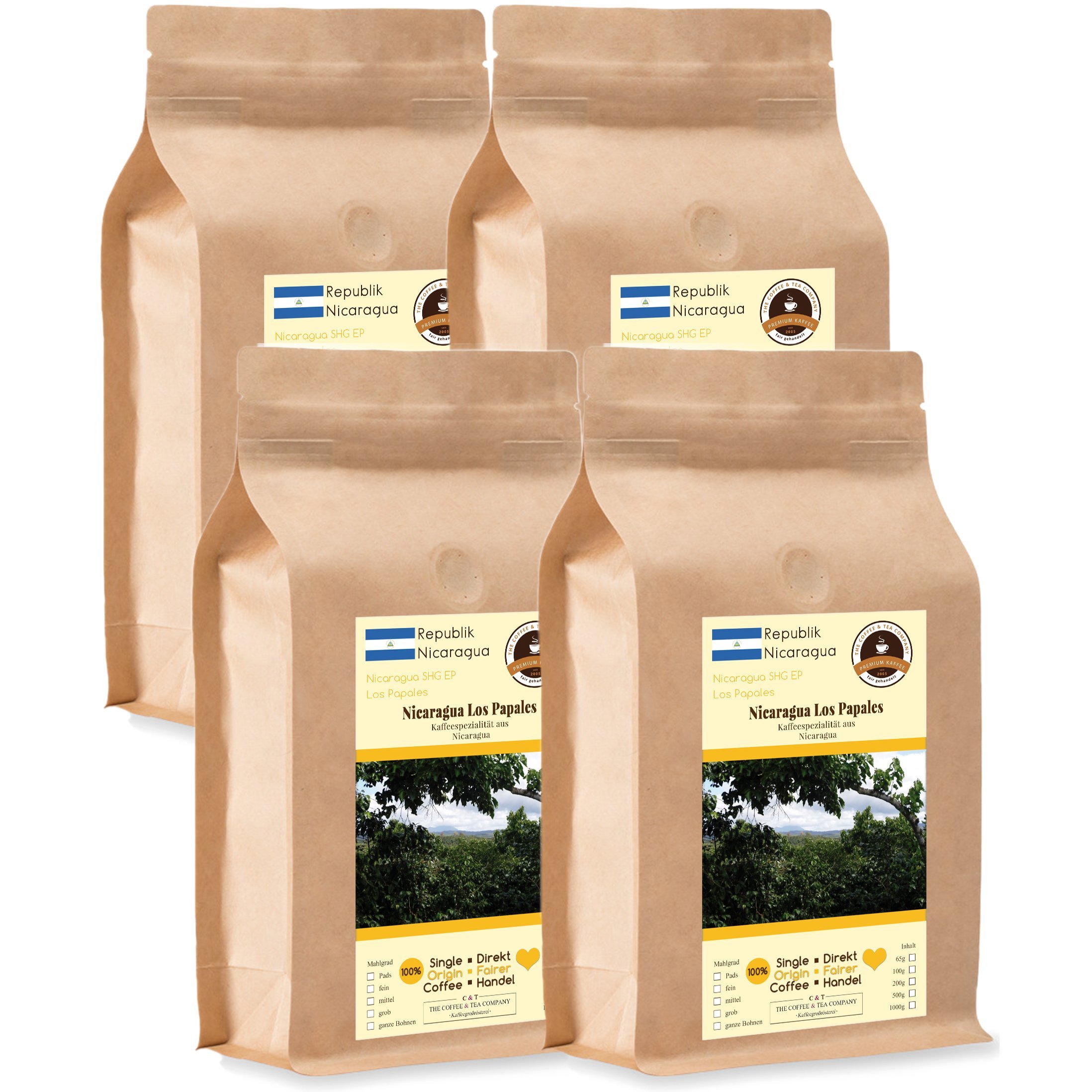 Kaffee Globetrotter - Kaffee Mit Herz - Nicaragua Los Papales - 4 x 1000 g Grob Gemahlen - für Kaffee-Vollautomat, Kaffeemühle - Röstkaffee Fair Gehandelt | Gastropack Sparpack