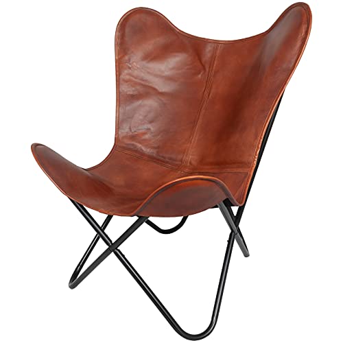 Trendyshop365 Schmetterlingsstuhl Buffalo braun echtes Leder Relaxstuhl Ziegenleder Design-Stuhl Metall