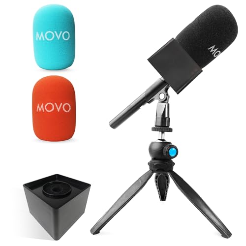Movo WMX-HM Kabelloser Interview-Mikrofonadapter mit Mikrofon-Flagge und Mikrofonständer, kompatibel mit DJI Mic, Rode Wireless GO, Hollyland Lark und mehr, für Podcasting, Interviews und Content