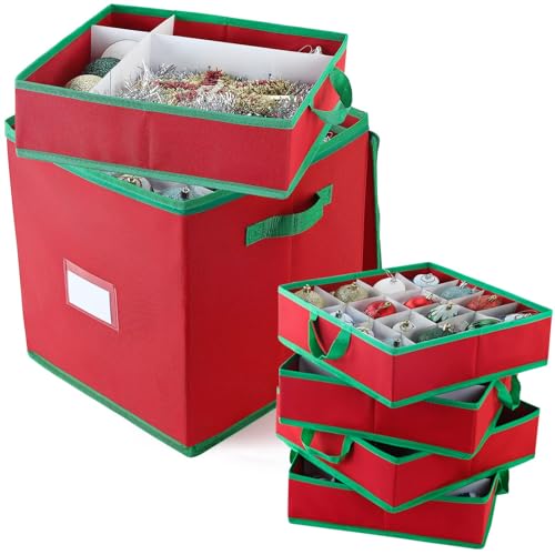 Aufbewahrungsbox für Weihnachtsdekoration, für bis zu 64 Ornamente, Dekorationskugeln, Urlaubsdekorationen und Weihnachtsaccessoires mit verstellbaren Trennwänden, Reißverschluss, 4 abnehmbare