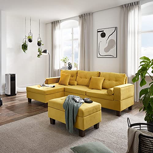 Home Deluxe - Sofagarnitur ROM - Farbe Gelb - beidseitg montierbar - 242,6 cm x 154,3 cm x 90,8 cm - inkl. Hocker I Ecksofa Sofa Couch Wohnlandschaft