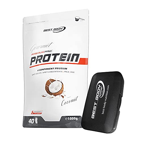 1kg Best Body Nutrition Gourmet 4 Komponenten Protein Eiweißshake - Set inkl. Protein Shaker / Gratiszugabe (Coconut, Best Body Tablettenbox)