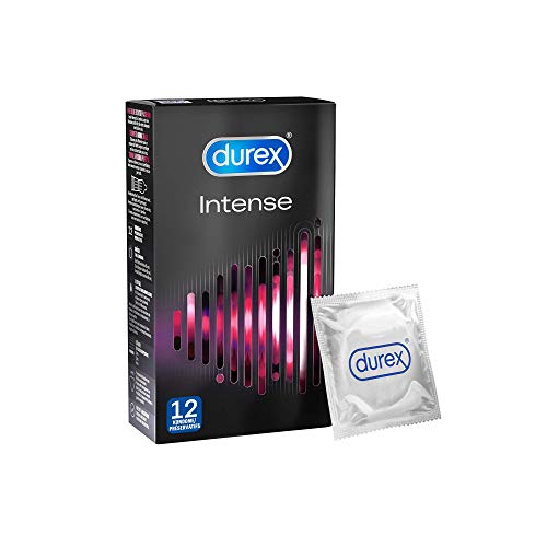Durex Intense Orgasmic Kondome, Gerippte und genoppte Kondome mit Stimulationsgel für eine intensivere Befriedigung der Frau, 12er Pack (1 x 12 Stück)