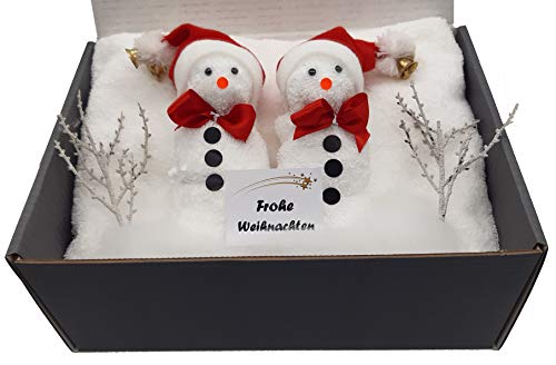Set 6-teilig 2X Handtuch (100x50cm) 500g/qm + 2X Schneemann weiß aus Waschhandschuh geformt mit weihnachtlichen Eierwärmern als Mützen