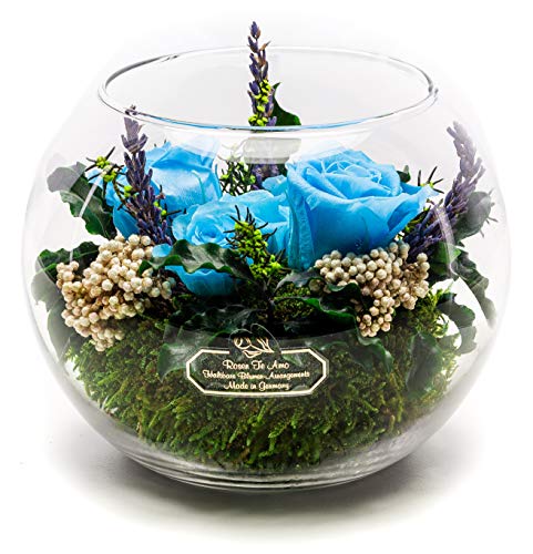 Rosen-Te-Amo Premium Blumenstrauß mit LAVENDELDUFT aus 4 konservierte Blumen in der Vase; Infinity Rosen im Glass: schön handgefertigt aus 100% echtes Bindegrün - haltbar ohne Wasser