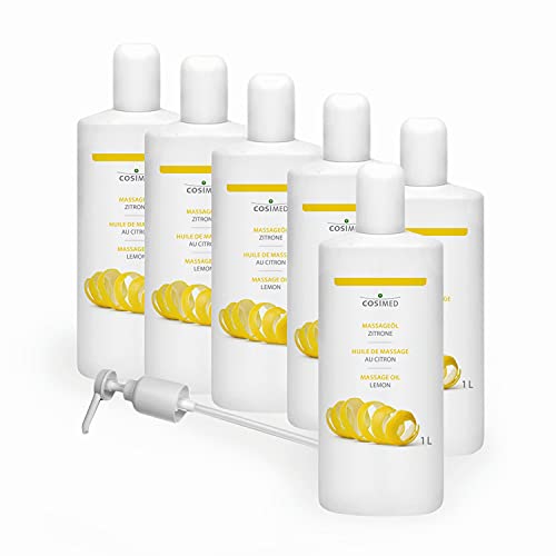 cosiMed Massageöl Zitrone | Bundle 6 x 1L | ergiebig & griffsicher | Made in Germany | inkl. Dosierpumpe