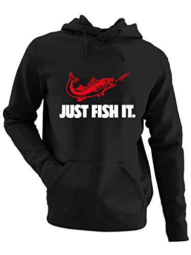 clothinx Herren Kapuzen-Pullover Angler Sprüche Just Fish it Schwarz/Weiß/Rot Größe M