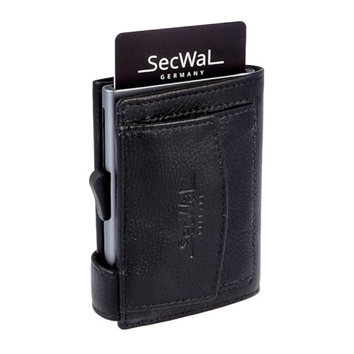 SecWal Kreditkartenetui mit Münzfach Druckknopf - Echtleder Mini Geldbörse inkl. E-Book für Damen und Herren - RFID Schutz (Schwarz)