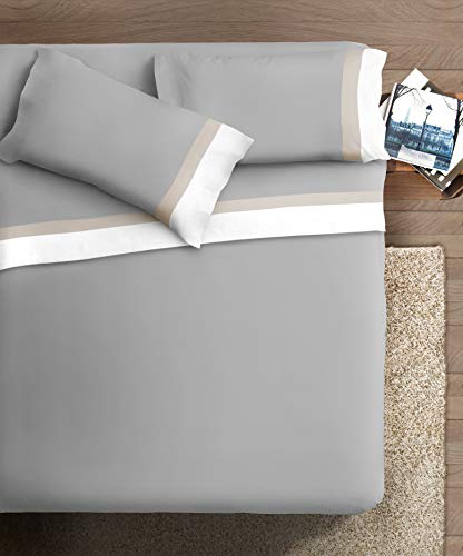 Bettwäsche-Set mit doppeltem Volant, aus Baumwolle, für Doppelbett, Satin, Weiß/Creme, Hintergrund Grau