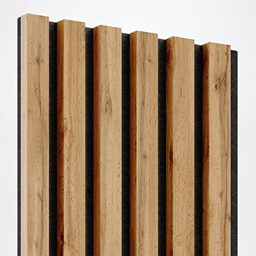 Klemp Wandpaneele – Lamellenleisten aus MDF auf Filz 275 x 30 cm, Wandverkleidung zur Montage mit Kleber oder Klebeband auf schwarzem Untergrund 6er-set Wotan-Eiche