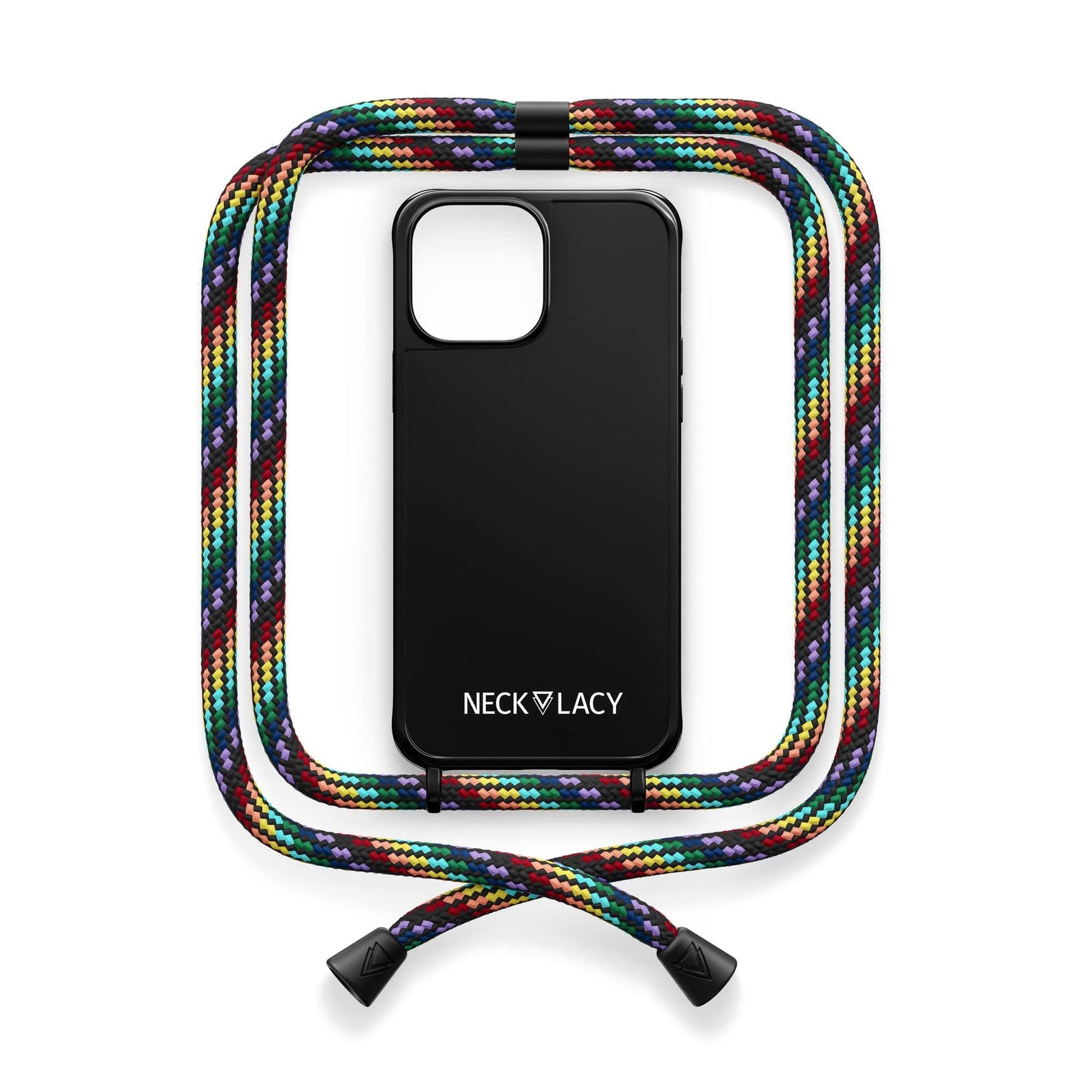 NECKLACY® - Die Premium Handykette für Apple iPhone 14 Pro in Rainbow Pride | Schwarze Handyhülle mit hochwertiger Kordel zum Umhängen - Smartphone Crossbody Case