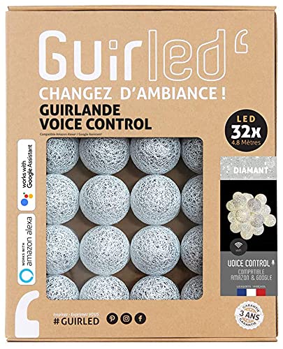 GuirLED - LED Baumwollkugeln Lichterkette WIFI USB - Sprachsteuerung - Connected Home - Amazon Alexa & Google Assistant - 2xUSB-Netzadapter enthalten - 32 Kugeln 3,2m - Diamant