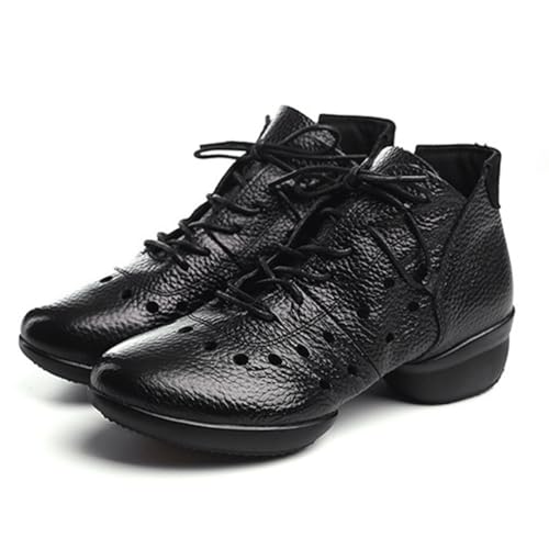 VEACAM Damen Jazz Schuhe Schnüren Praxis Tanz Turnschuhe Atmungsaktives Leder Moderne Tanzschuhe Plattform Wanderschuhe,Schwarz,35 EU