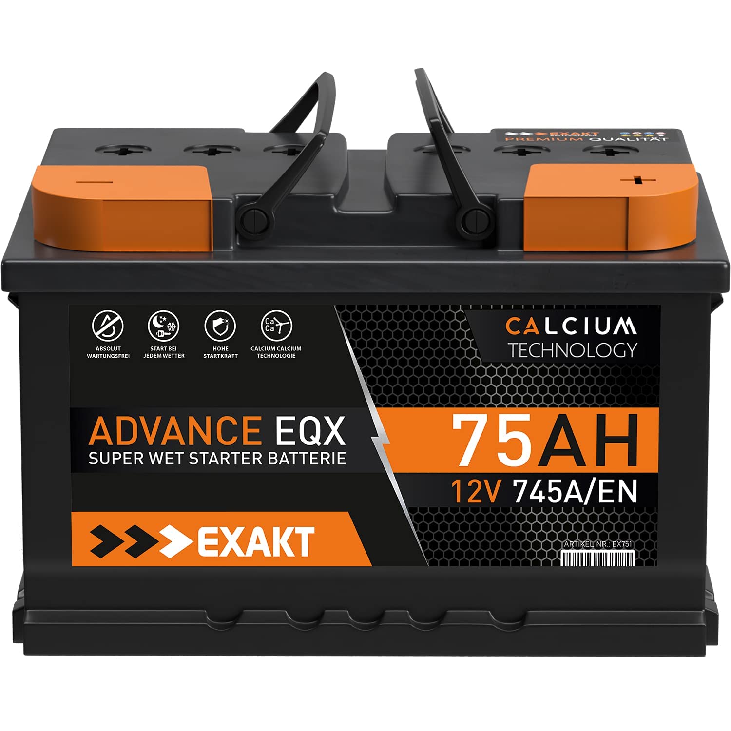 EXAKT Autobatterie 75Ah 12V Starterbatterie PKW KFZ Auto Batterie ersetzt 72Ah 74Ah 77Ah 80Ah