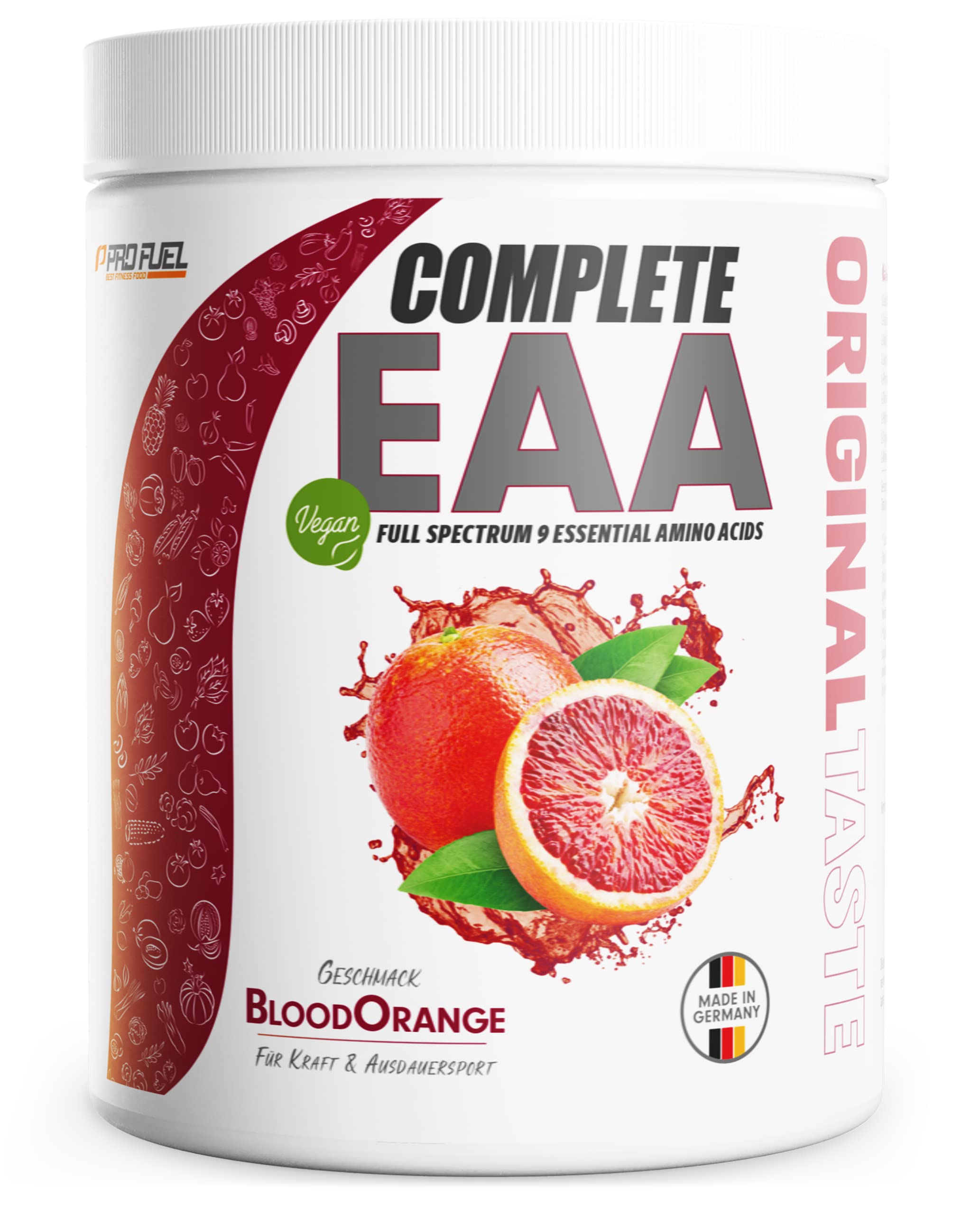 EAA Pulver 500g BLOOD ORANGE - 12.500mg essentielle Aminosäuren - unglaublich lecker & erfrischend - COMPLETE EAA mit allen 9 EAAs inkl. Histidin - EAA vegan Aminosäuren Pulver - Amino Workout Drink