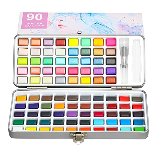 Aquarellfarben Set, Metallische Premium Glitzer Aquarellfarbkasten Set Inklusive 90 Farben Portable Pearlescent Iridescent Solid Watercolor Pigment Paint Set