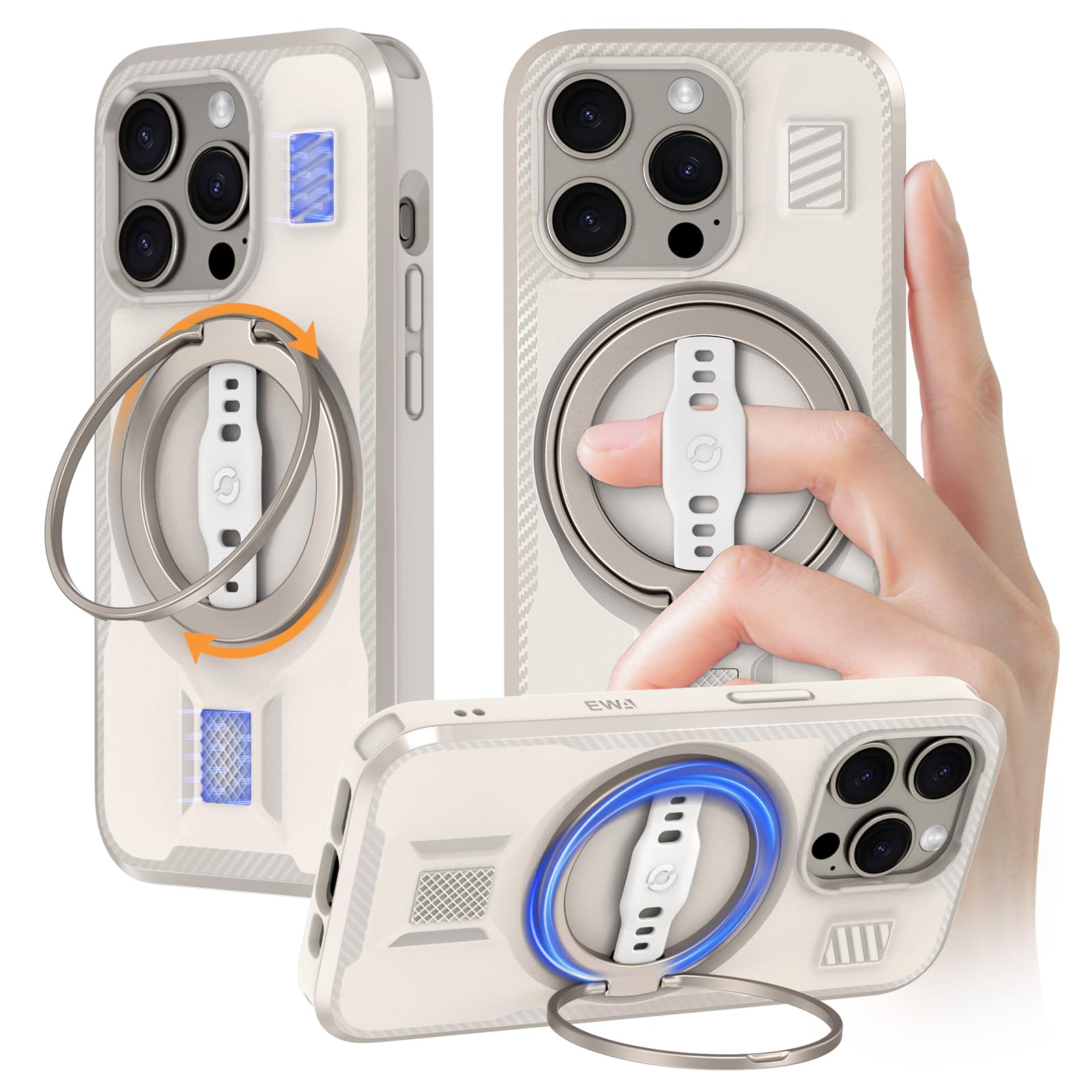 EWA Handyhülle für iPhone 15 Pro, kompatibel mit Magsafe, mit Ringständer, Silikonriemen, doppeltem Magnetverschluss auf der Rückseite, robustem Fallschutz, 6,1 Zoll, rauchweiß